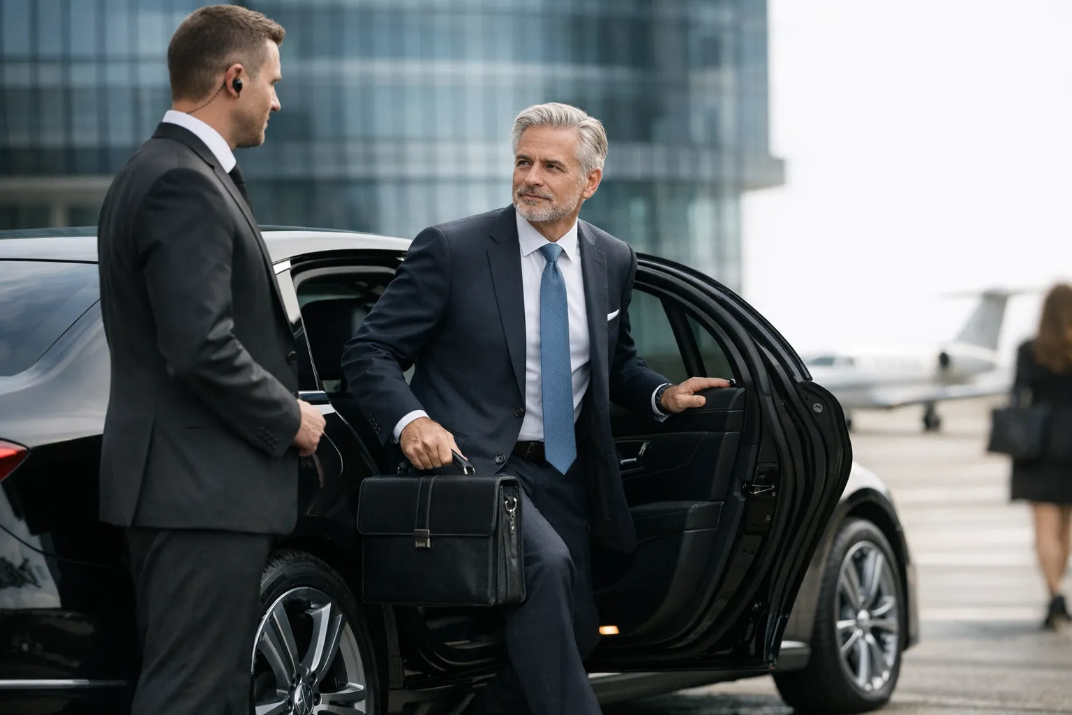 Businessgast vor modernem Konferenzgebäude