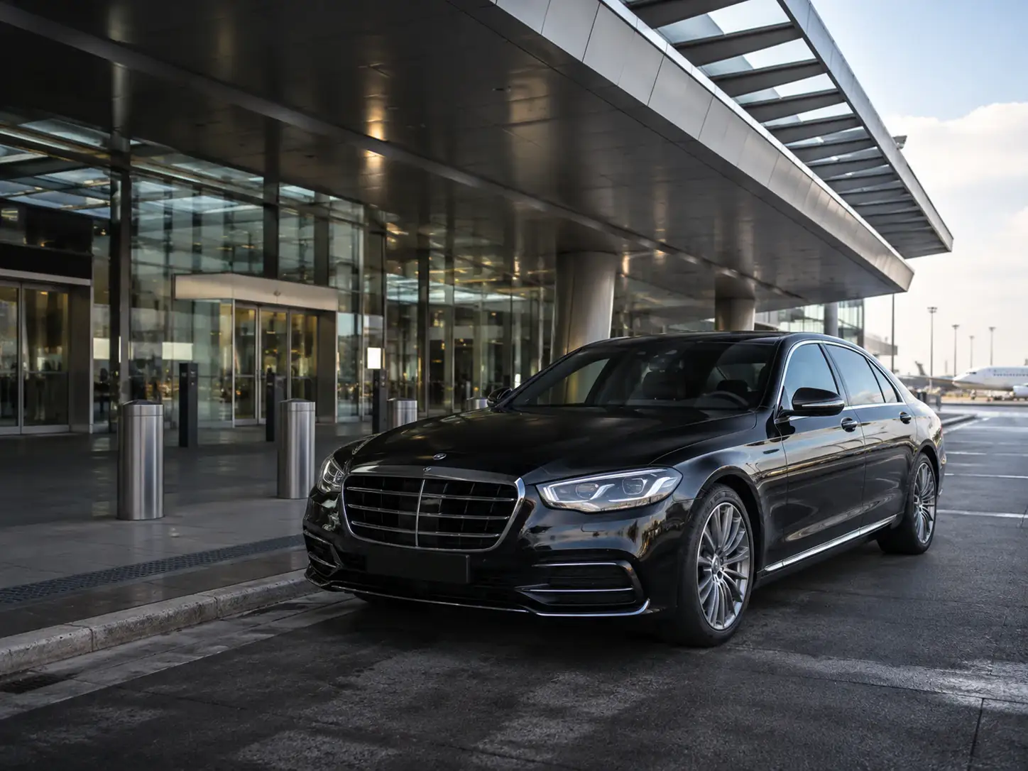 Chauffeur mit Namensschild im Ankunftsbereich